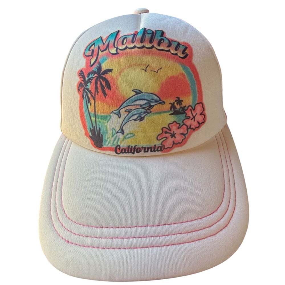 Malibu California Sunset Dolphins and Palm Trees Graphic Trucker Hat Pink Mesh